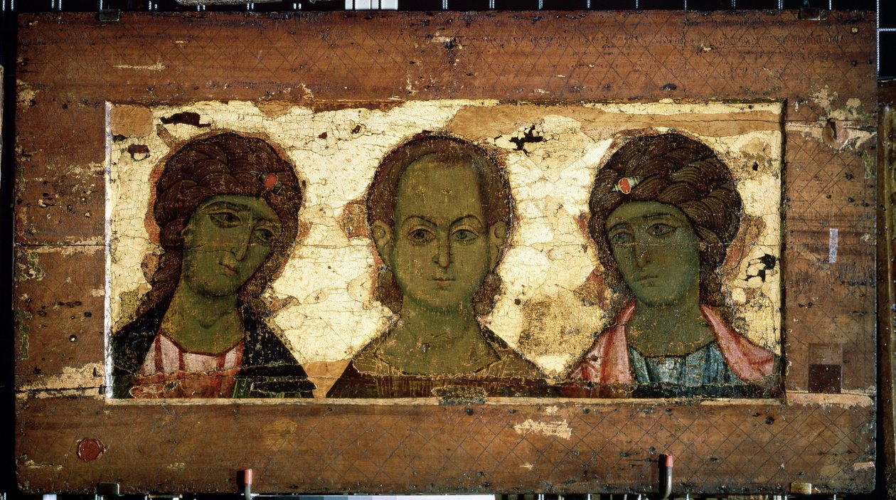 Cristo Emmanuel entoure des archanges Michel et Gabriel (Cristo Emmanuel com os Arcanjos Miguel e Gabriel). Icone russe, tempera sur bois, fin 12e siecle. Art de Vladimir (Russie). Galeria Estadual Tretyakov, Moscou (Russie). de School Russian