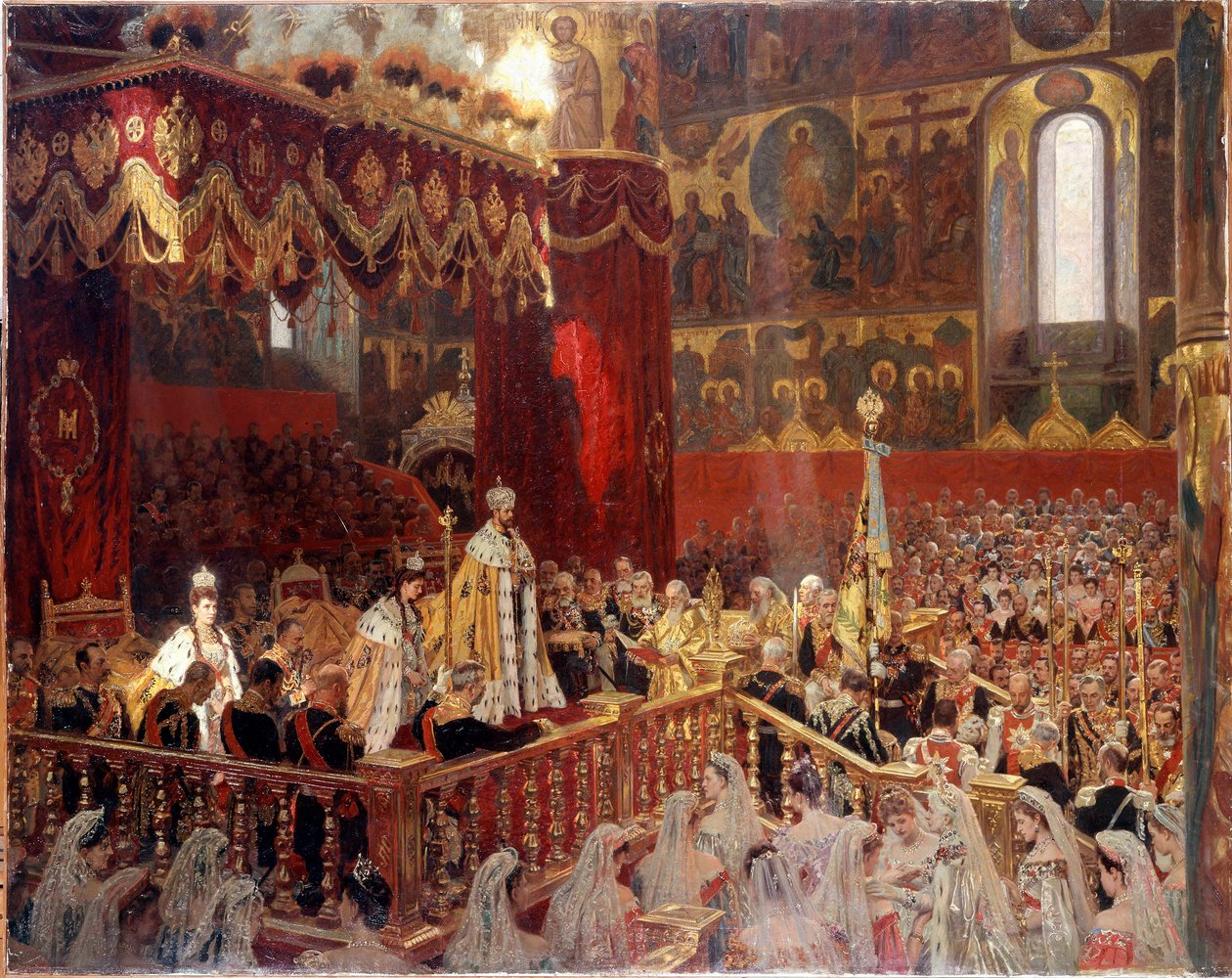 Coroação de Nicolau II em 1896 na Catedral de Ousensky em Moscovo - Pintura russa anónima de School Russian