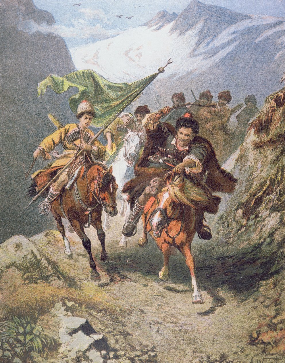 Cossacos do Cáucaso regressam de uma rusga a uma colónia de cossacos muçulmanos com uma bandeira em crescente capturada (cor litho) de School Russian