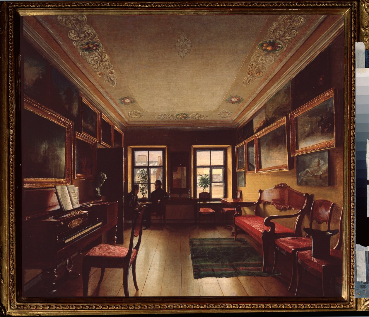 No quarto. (Dois homens conversando em frente à janela de uma sala com piano, decorada com pinturas). Pintura de um mestre russo, óleo sobre tela, por volta de 1830. Arte russa de School Russian
