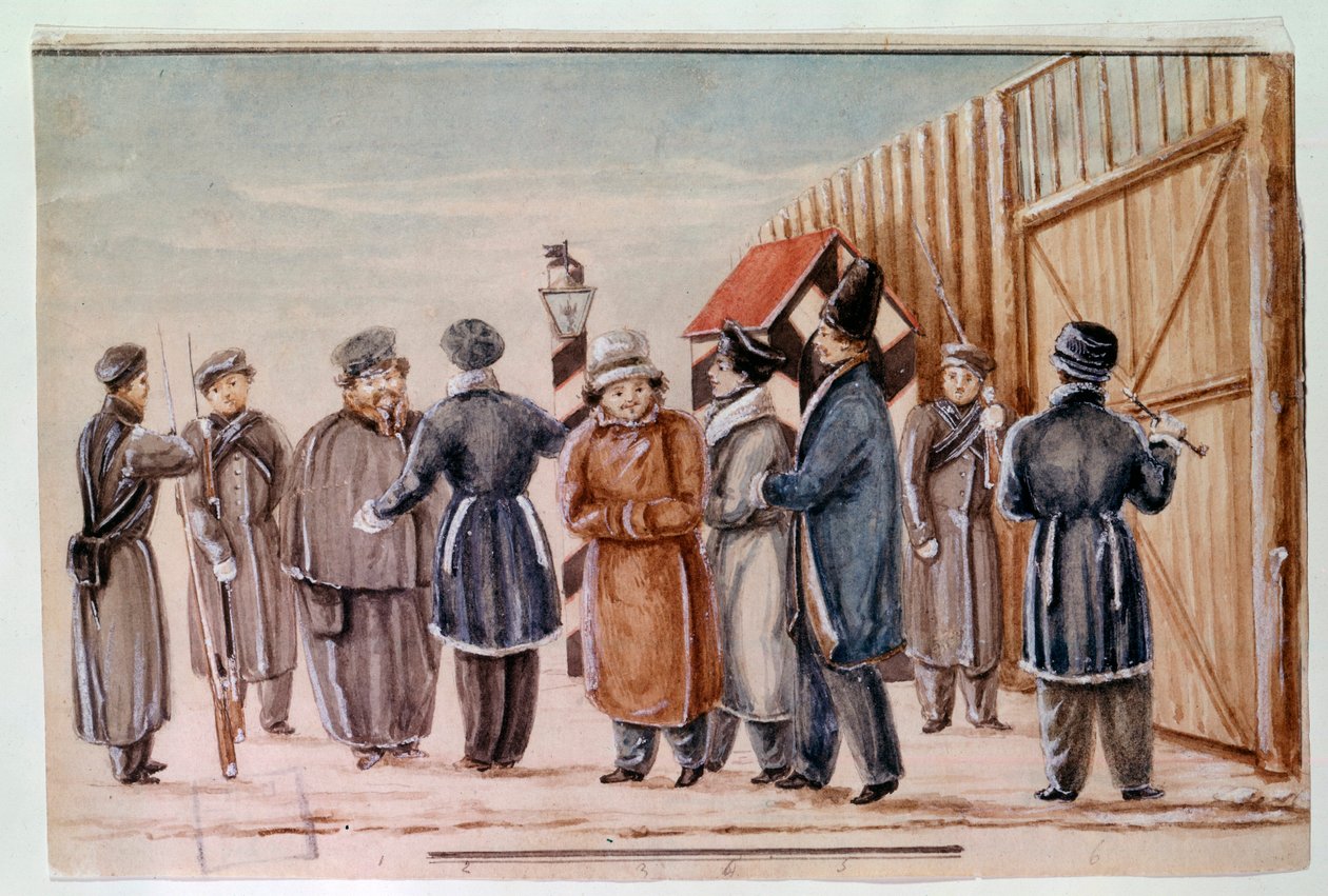 Decembristas partem para a caminhada até a prisão do Tcheta Os Decembristas (ou Decabristas) foram os autores da tentativa de golpe em São Petersburgo em 14 de dezembro de 1825 para obter uma constituição moderna do regime. Aquarela de 1827 Moscou, Pushki de School Russian