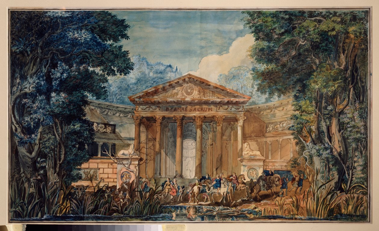 Decoração preparatória para a ópera ""Fedra"" (Fedra) de Giovanni Paisiello (Paesieillo ou Paesieixo) (1740-1816). Obra de mestre russo, aquarela e guache sobre papel, por volta de 1800. Arte cenográfica russa de School Russian