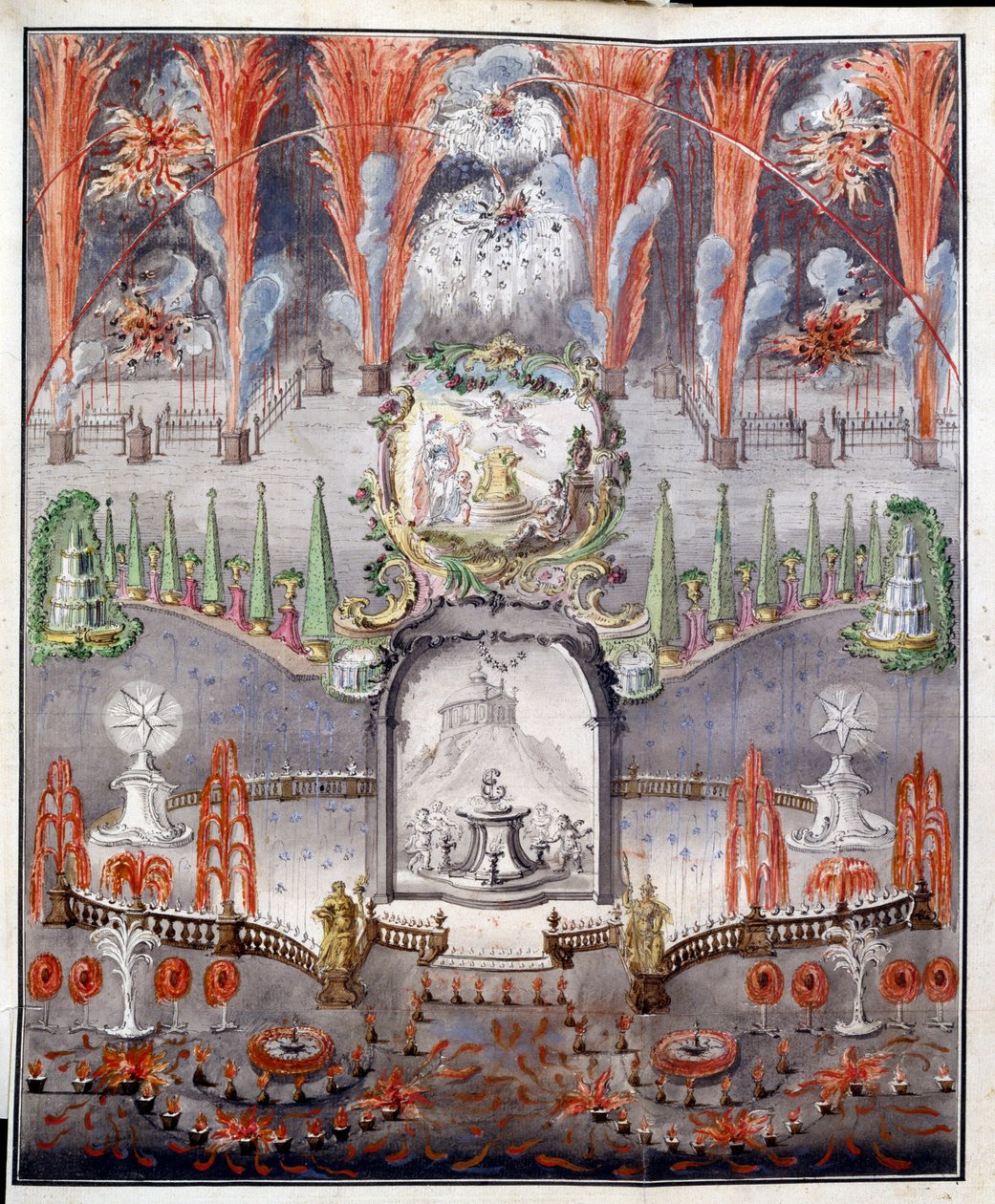 Fogo de artifício e iluminação a 17 de Setembro de 1747 em Gostilitsy (Rússia). Obra anónima, gravura em chapa de cobre com aguarelas, meados do século XVIII. Arte russa de School Russian