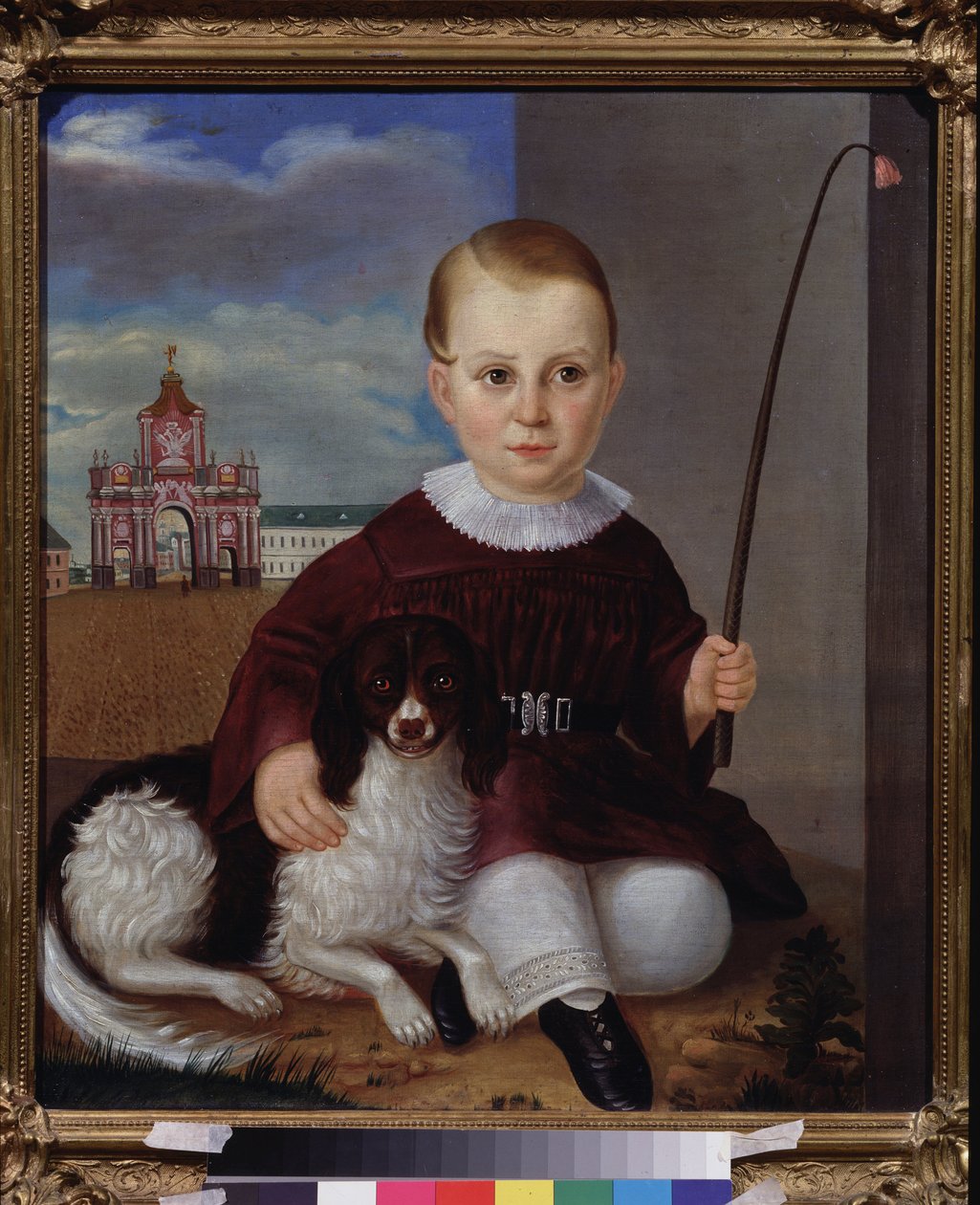 Menino com um cachorro na frente da porta vermelha (Moscou). Pintura de um mestre russo, óleo sobre tela 1840. Arte russa do século XIX. Museu Estadual V. Tropinin, Moscou. de School Russian