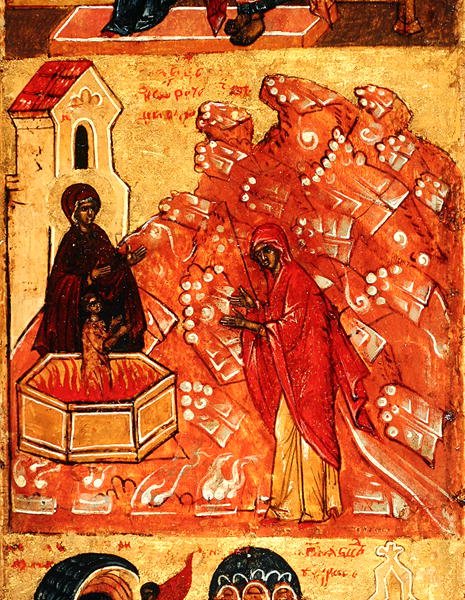 Ícone representando uma cena durante o vôo para o Egito, c.1550 (tempera e folha de ouro no painel) (detalhe de 314500) de School Russian