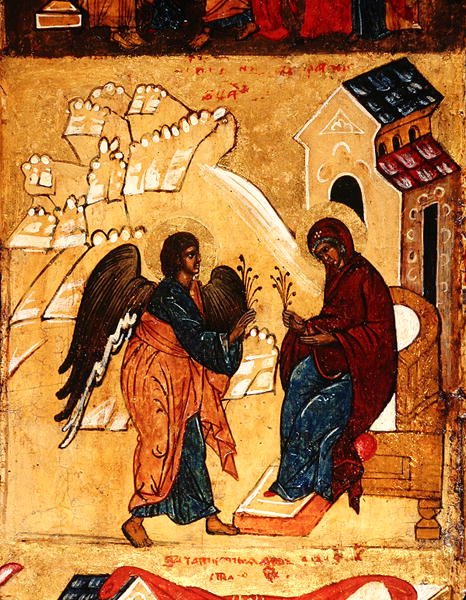 Ícone representando a Anunciação, c.1550 (tempera e folha de ouro no painel) (detalhe de 314500) de School Russian