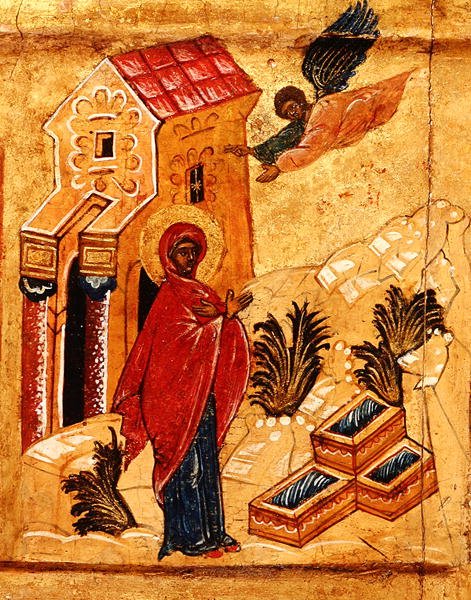 Ícone representando a Anunciação a Santa Ana, c.1550 (tempera & folha de ouro no painel) (detalhe de 314500) de School Russian