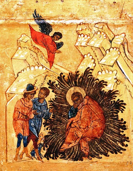 Ícone representando o Sonho de São José, c.1550 (tempera e folha de ouro no painel) (detalhe de 314500) de School Russian