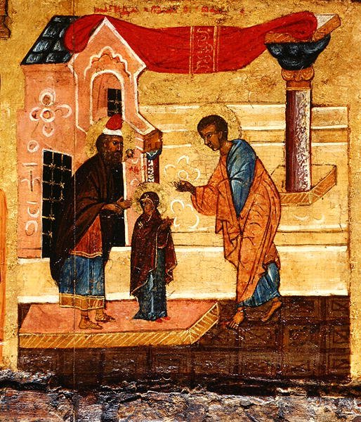 Ícone representando a Virgem sendo confiada aos cuidados do viúvo José, c.1550 (tempera & folha de ouro em painel) (detalhe de 314500) de School Russian