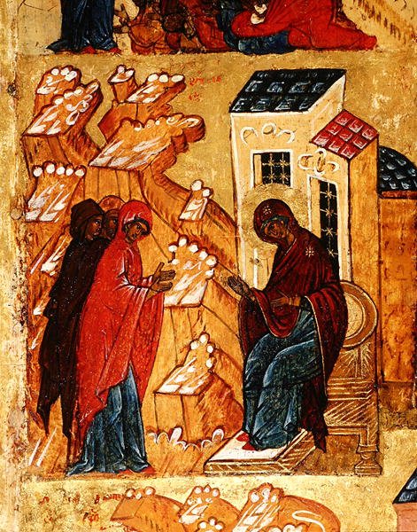 Ícone representando a Virgem selecionando as cores mais honradas do pano, c.1550 (tempera & folha de ouro no painel) (detalhe de 314500) de School Russian