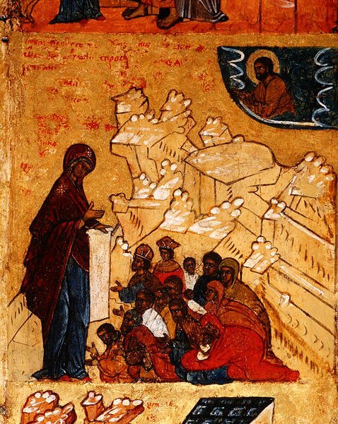 Ícone que representa a aparição milagrosa da Virgem ao Príncipe Andrei Bogoliubski em 1155, c.1550 (tempera & folha de ouro no painel) (detalhe de 314500) de School Russian