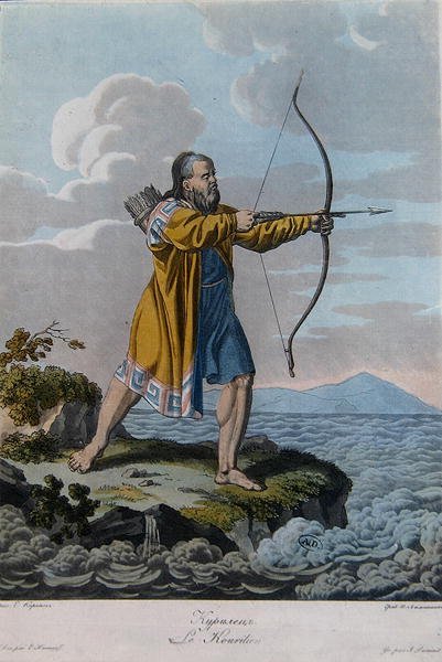 Habitante das Ilhas Kuril, c.1800 (gravura a cores) de School Russian