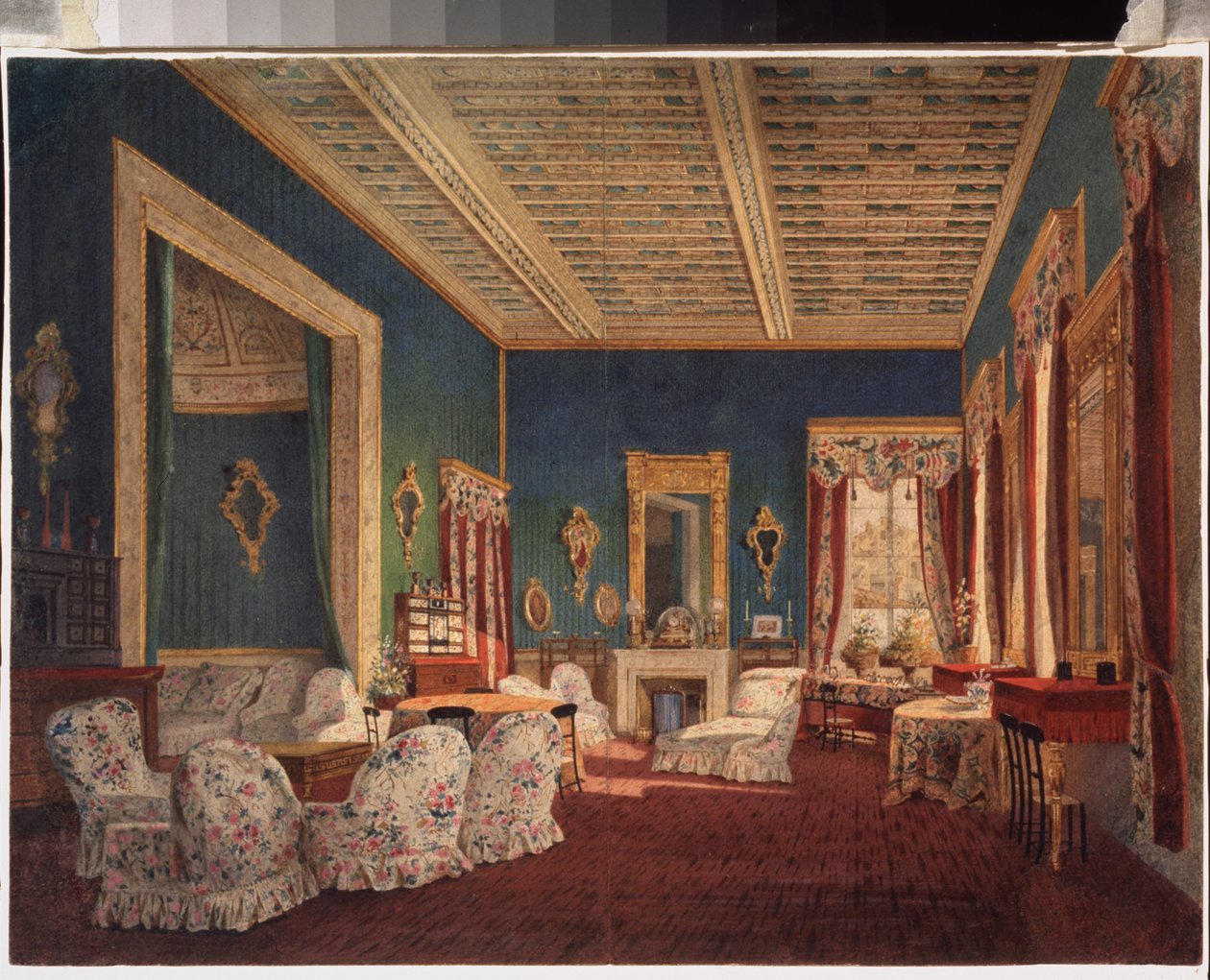 Interior da mansão Denezhnikovo. Pintura de um mestre russo, óleo sobre tela, meados do século XIX. arte russa. Museu de História e Arte, Ramenskoye (Rússia). de School Russian