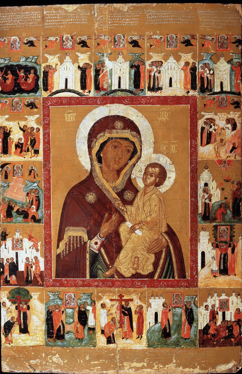 A Virgem de Tikhvin com as Maravilhas (A Virgem de Tikhvin com as Maravilhas). Ícone russo, início do século XVII. arte russa. Museu de Arte Estatal da República da Chuváchia, Cheboksary (Chuváchia). de School Russian