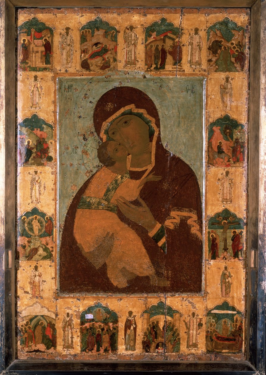 "A Virgem de Vladimir (Vladimirskaia) ícone russo. Pintura sobre madeira. 1514 Dormition Cathedral of the Kremlin, Moscovo de School Russian