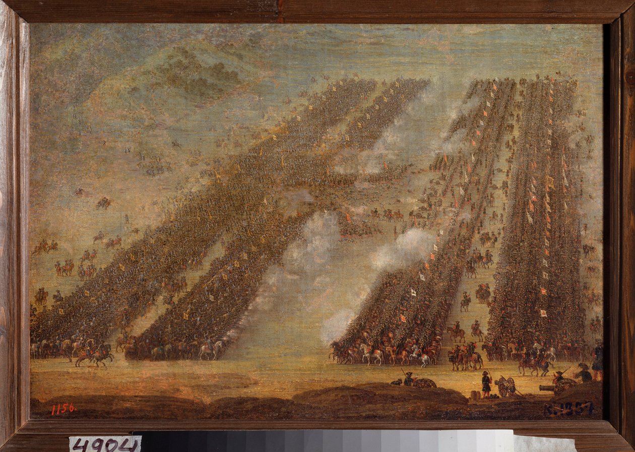 A Batalha de Poltava (Pultawa) a 8 de Julho de 1709 (Linhas de batalha de cavalaria durante a Grande Guerra do Norte (1700-1721), o exército de Pedro I da Rússia (1672-1725) contra as tropas de Carlos (Karl) XII da Suécia (1682-1718). Pintura de um de School Russian