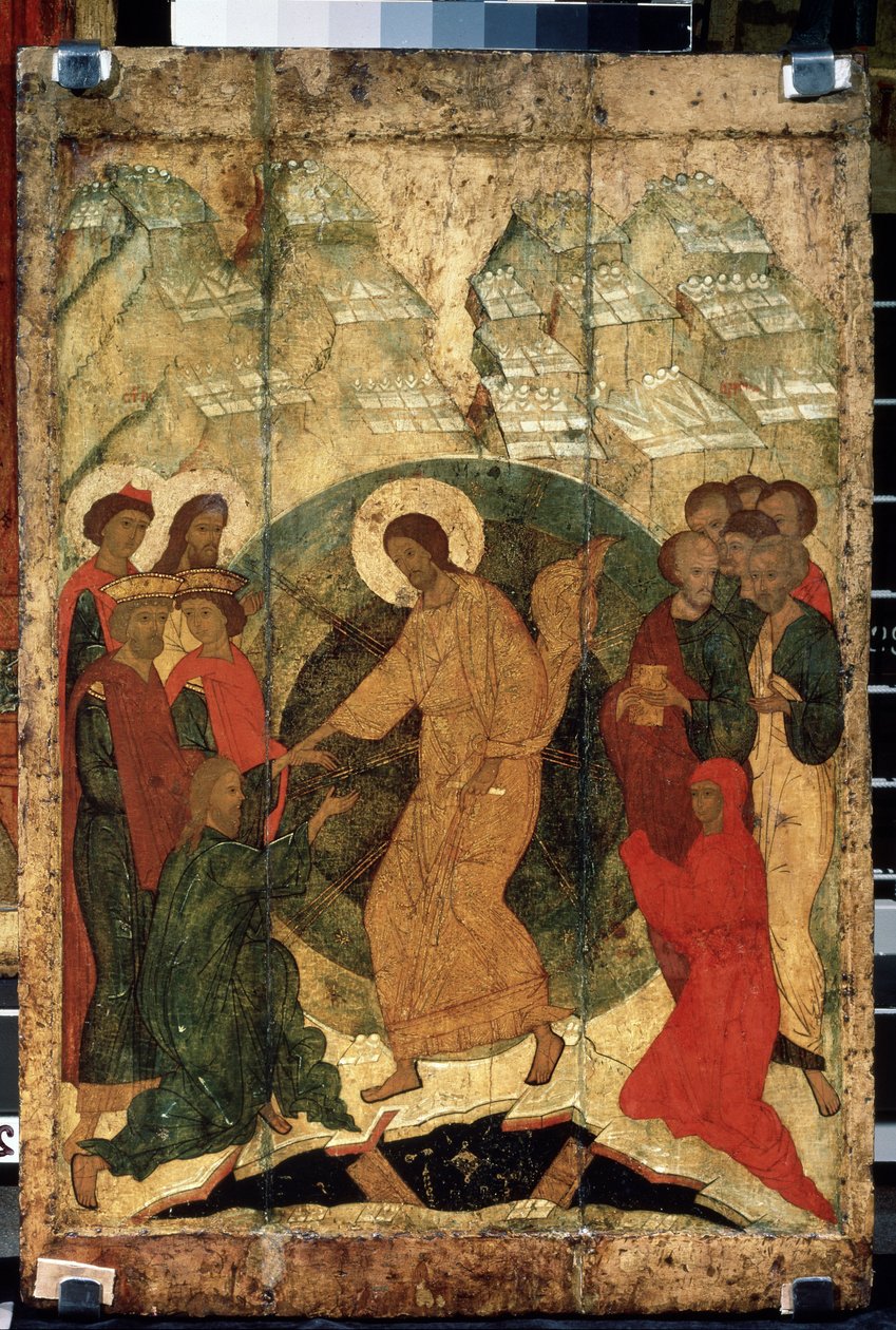 "" A descida de Cristo no limbo"" ícone russo. pintura em madeira de School Russian