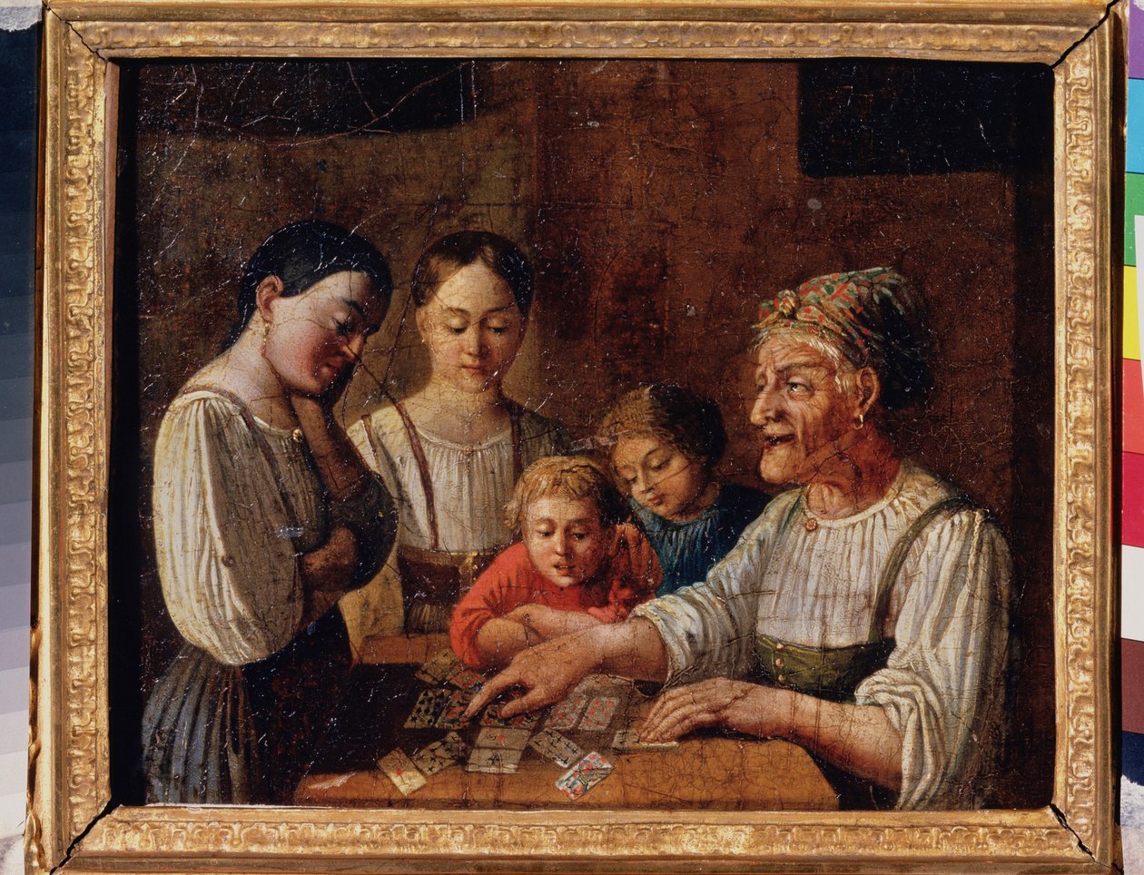 A cartomante. (Velha prevendo o futuro em cartas). Pintura de um mestre russo, óleo sobre papelão, início do século XIX. Museu Estatal Russo, São Petersburgo. de School Russian