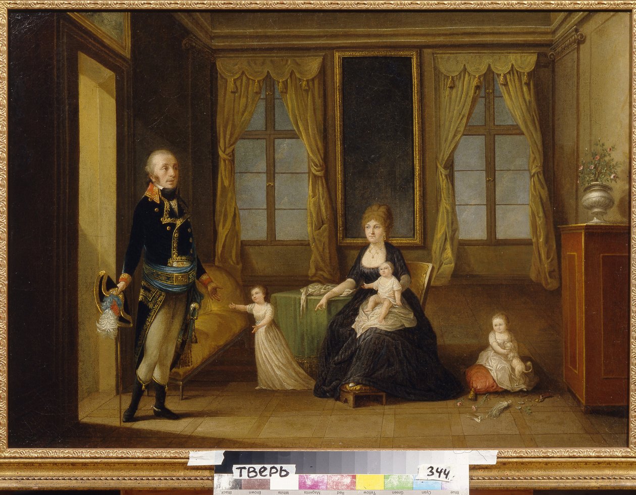 A Família Chernyshov. Descrição da vida familiar, o pai entra na sala onde estão a sua mulher e filhos, um deles levanta-se de braços abertos para o receber, o outro senta-se numa almofada com os seus brinquedos espalhados. de School Russian