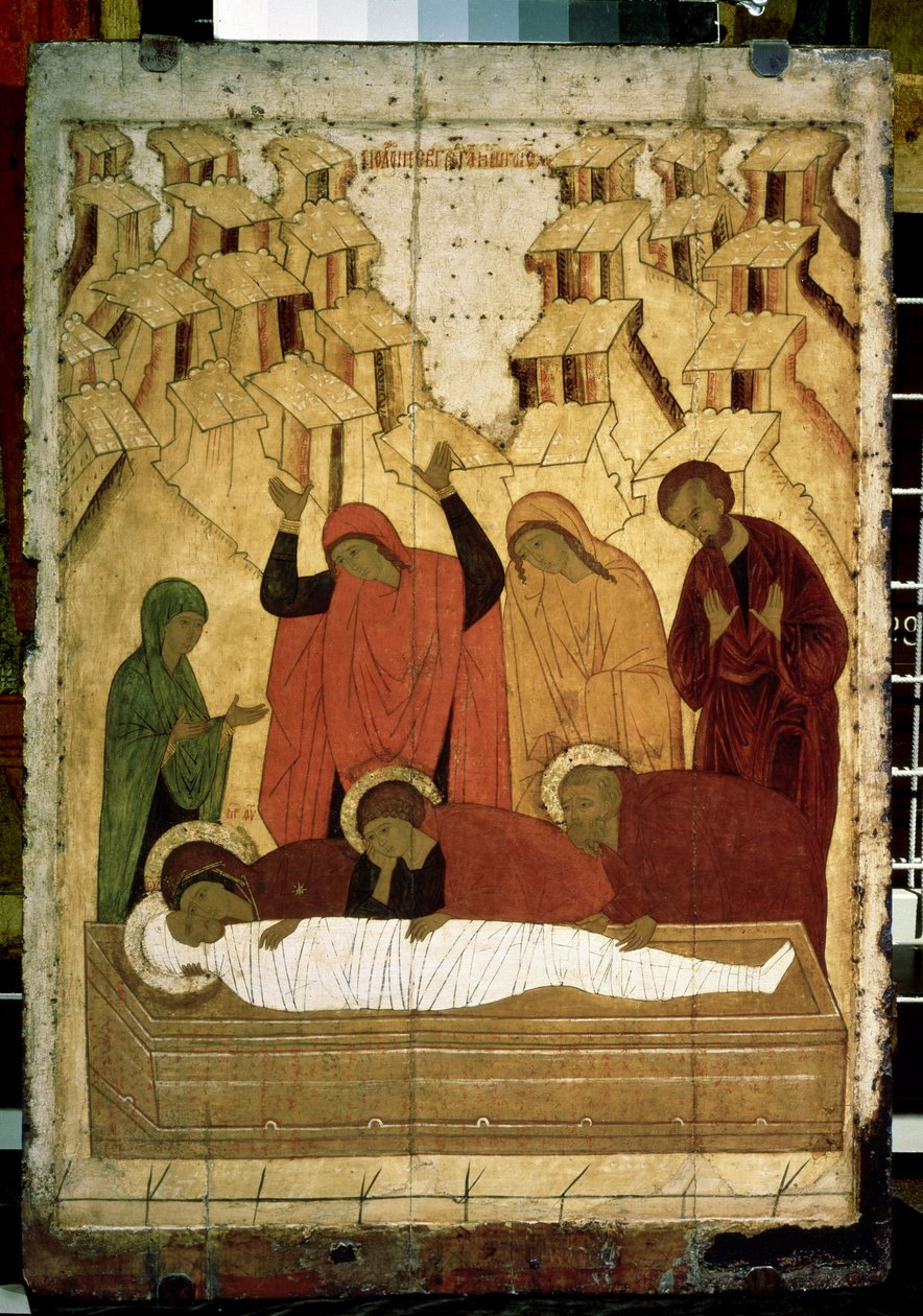 Ícone russo "The Entombment". Tempera sobre madeira do final do século XV. Galeria Estadual Tretyakov, Moscovo de School Russian
