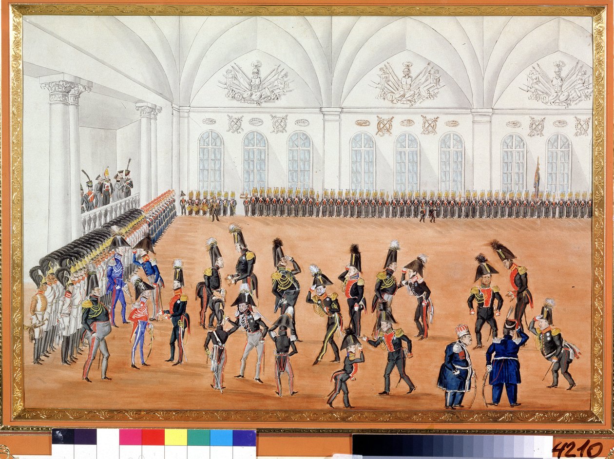O Desfile da Guarda. Pintura anónima. Aguarela sobre papel, ca. 1820. Arte russa, sátira. A.Pushkin Memorial Museum, São Petersburgo. de School Russian