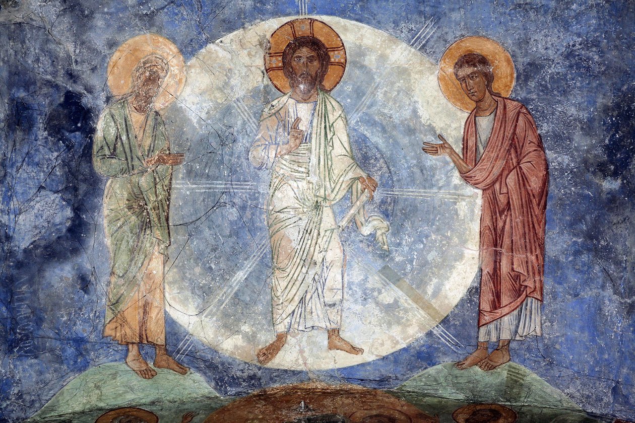 A Transfiguração de Cristo - A Transfiguração de Jesus - Afrescos russos antigos - Século XII - Fresco - Mosteiro Mirozhsky, Pskov de School Russian