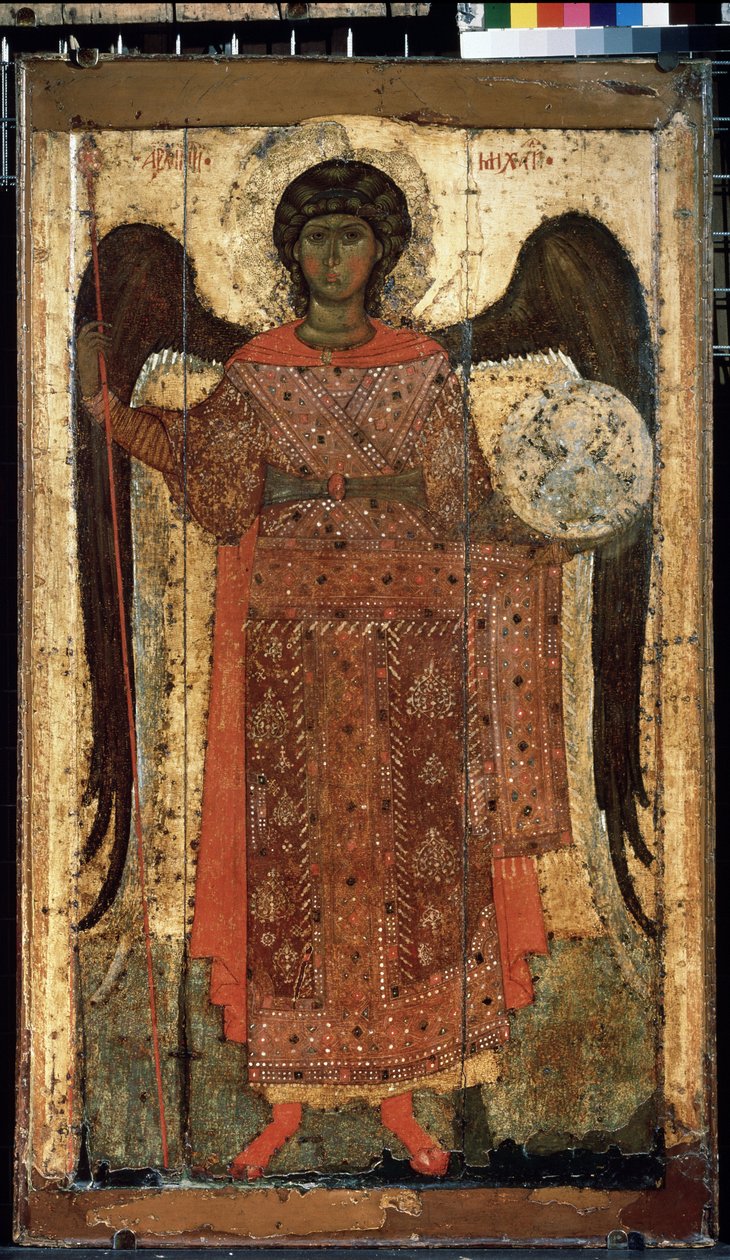 "O Arcanjo Miguel" ícone russo. Pintura sobre madeira. Cerca de 1300. Galeria Estadual Tretyakov, Moscovo de School Russian