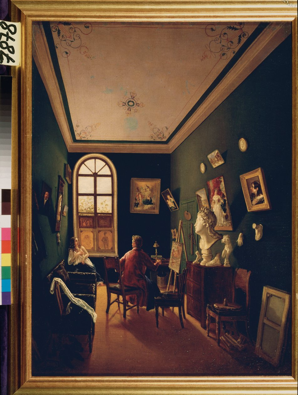 O estúdio do pintor. Pintura por um mestre russo, óleo sobre tela de School Russian