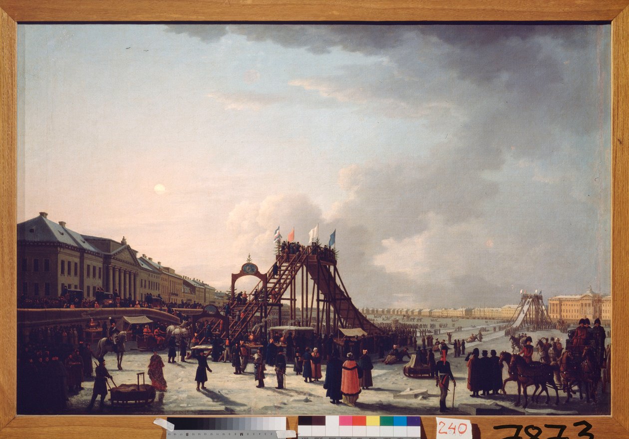 A montanha-russa sobre o rio Neva em São Petersburgo. (slide efémero para a época de Inverno). Pintura por um mestre russo, óleo sobre tela de School Russian
