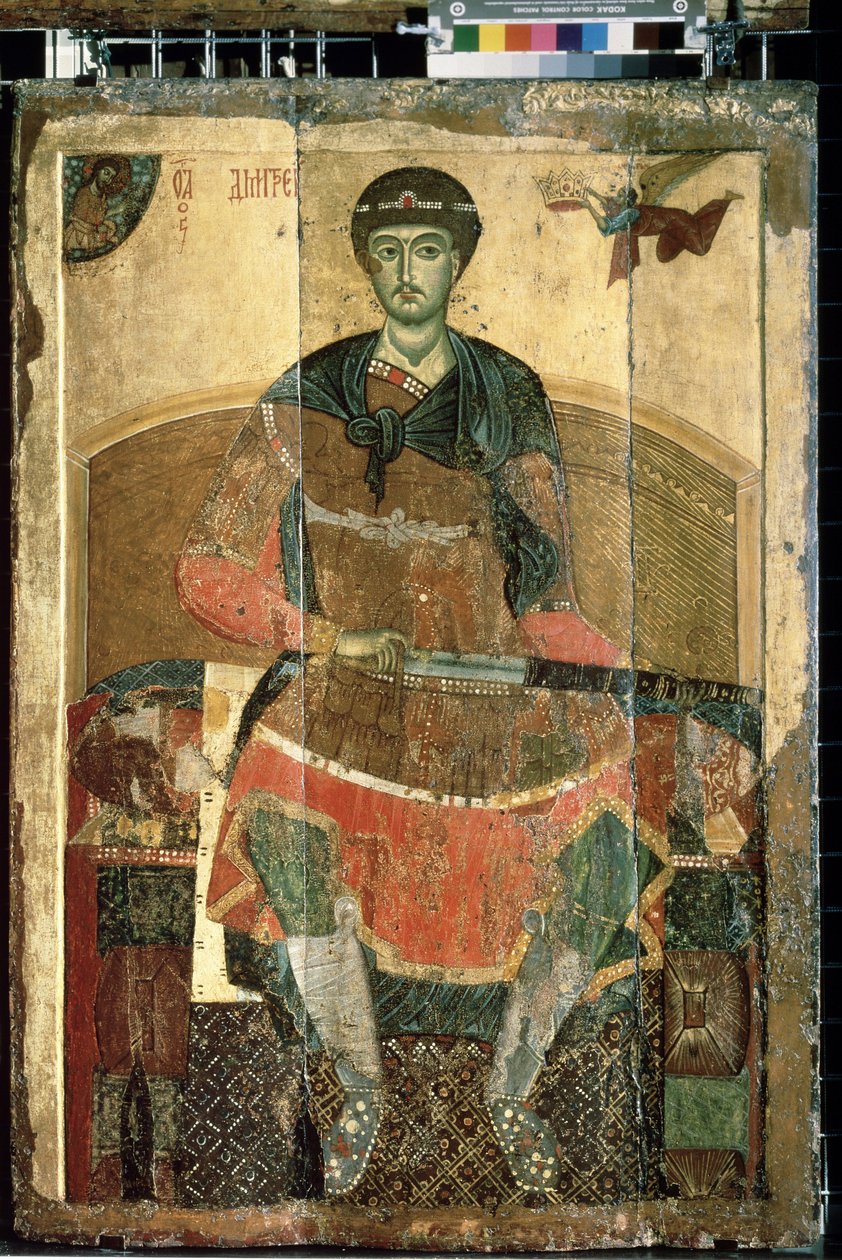 "O Mártir Cristão São Demétrio de Salónica num Trono" ícone russo. Pintura em madeira do início do século XIII Galeria Estadual Tretyakov, Moscovo de School Russian