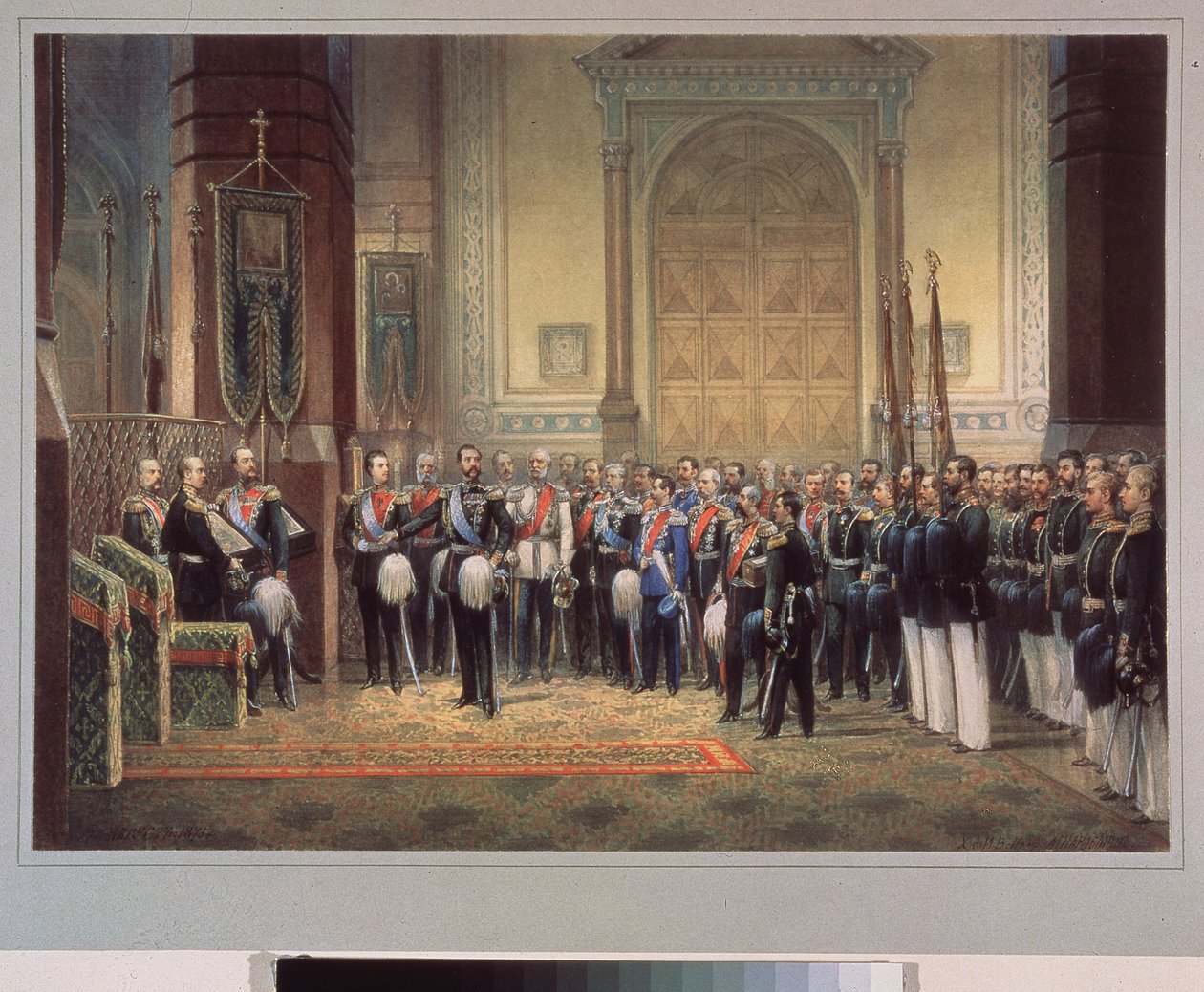 O Juramento de Fidelidade do Czarevich Nicholas Alexandrovich Romanov da Rússia (1843-1865) na Igreja do Exército. Trabalho de um mestre russo, aguarela sobre papel de School Russian
