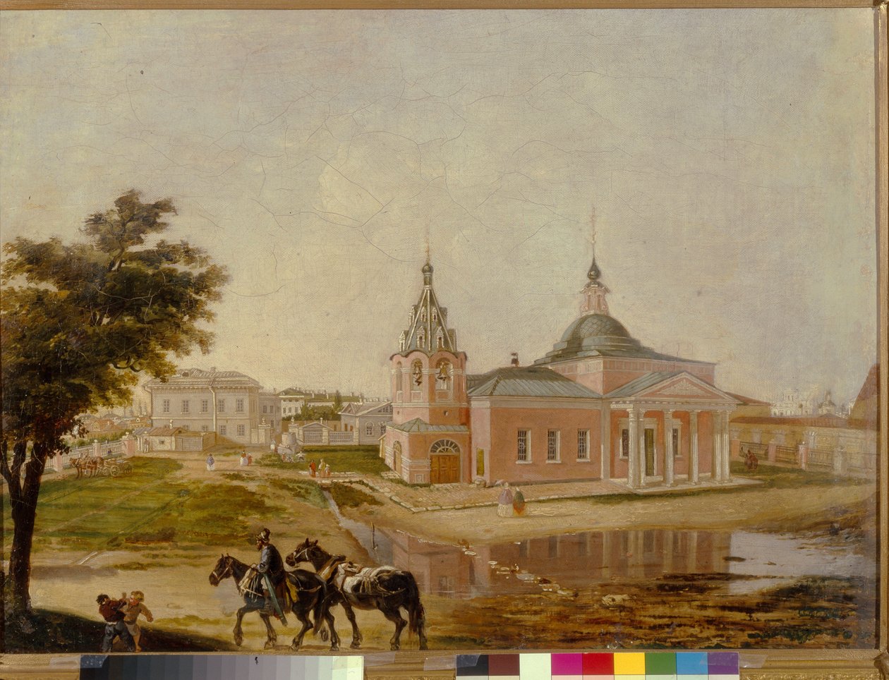 A Igreja do Ícone de Rjev da Santa Mãe de Deus em Moscovo. Pintura anónima, óleo sobre tela, meados do século XIX. Arte russa de School Russian