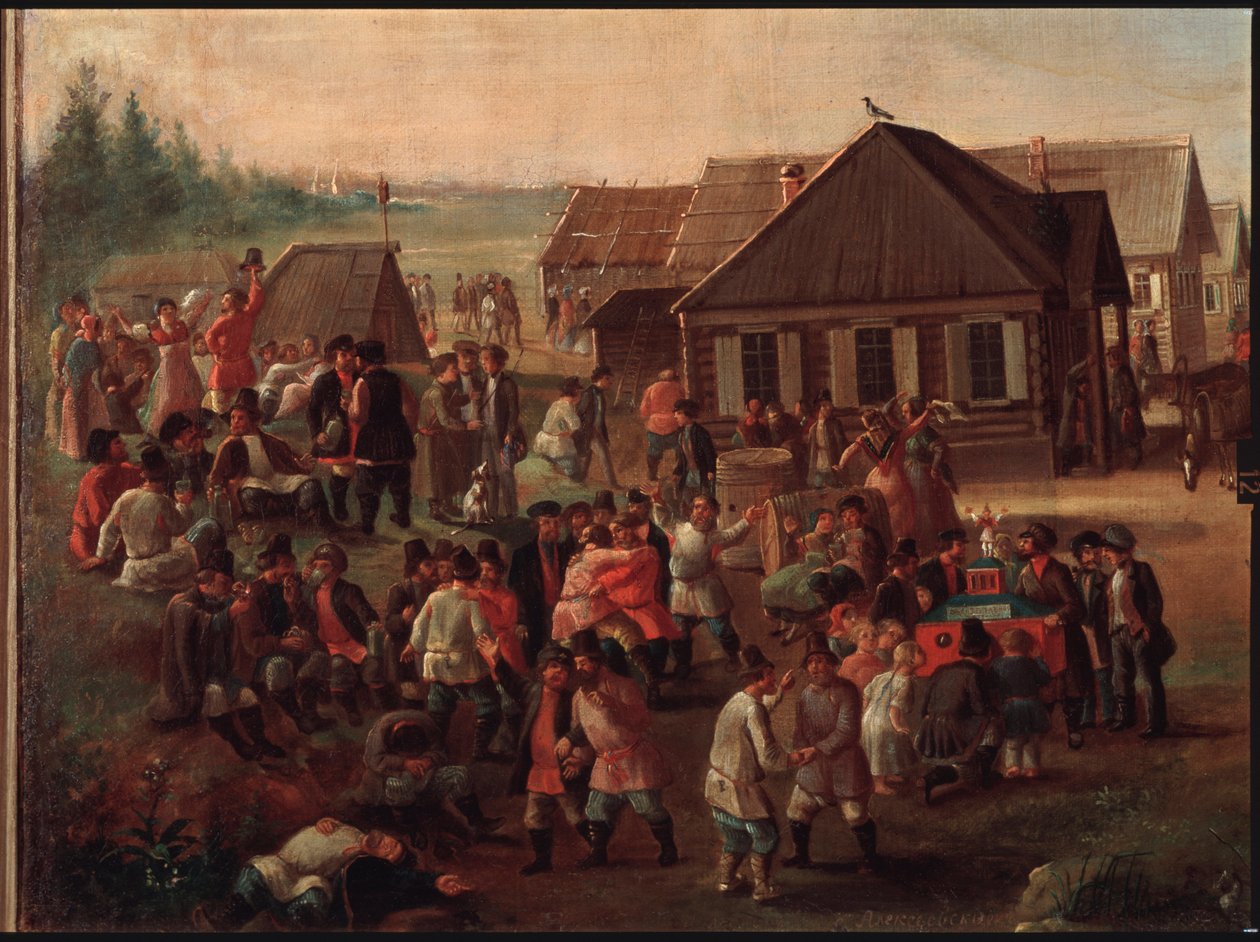 Festas públicas na aldeia de Alexeevskoye. Pintura de um mestre russo, óleo sobre tela, meados do século XIX. Galeria Estatal Tretyakov, Moscou. de School Russian