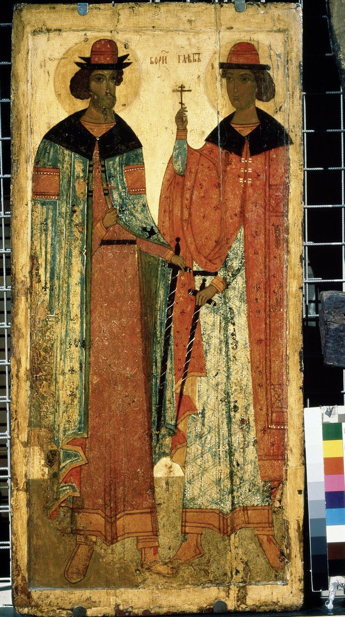 ""Santos Boris e Gleb, filhos de Vladimir I de Kyiv"" ícone russo. Pintura em madeira por volta de 1450. Galeria Estatal Tretyakov, Moscou de School Russian