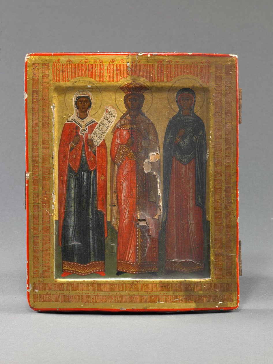 Ícone de Menologion com os Santos Paraskeve, Catarina e Anastácia, finais do século XVII (têmpera sobre madeira) de School Russian