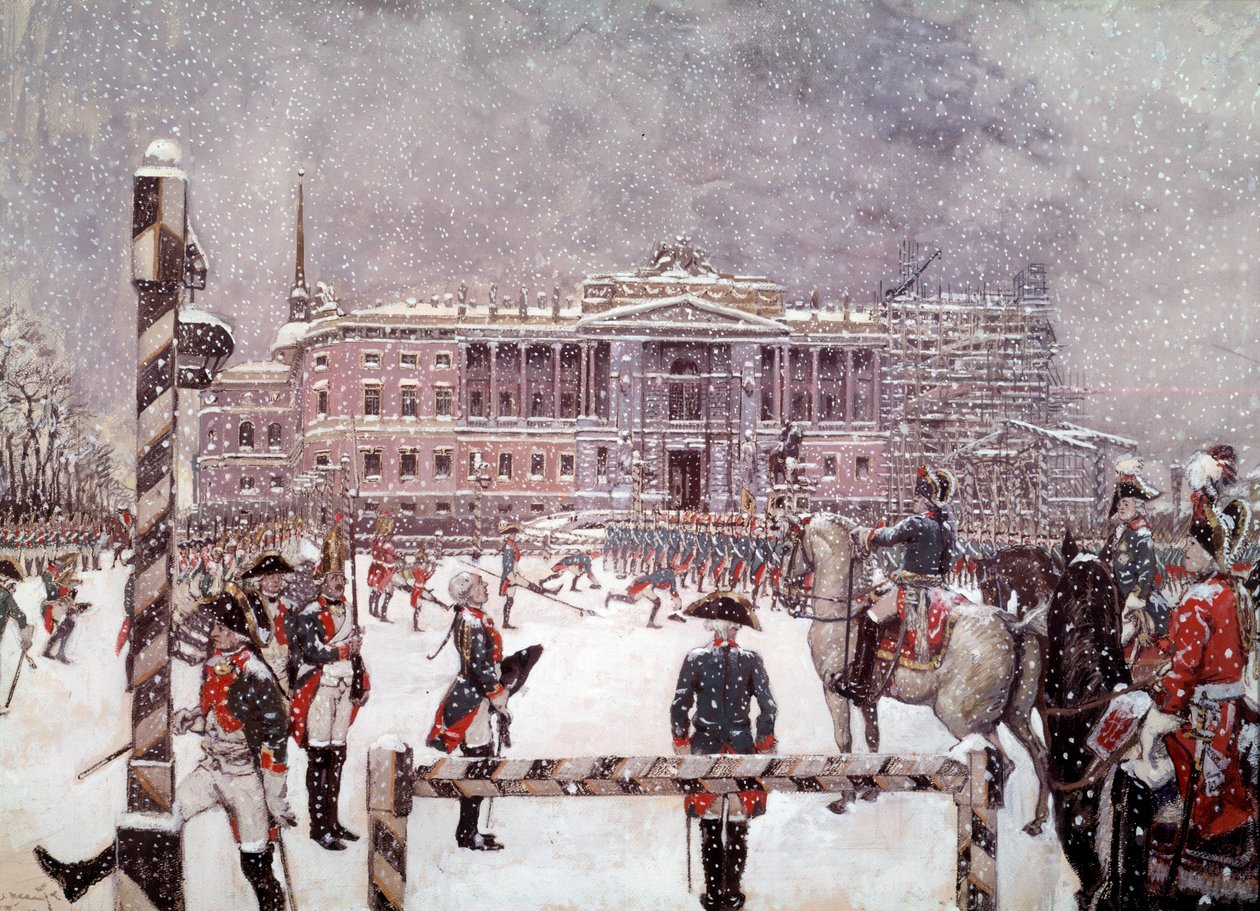 Desfile militar em frente ao Palácio Mikhailovsk na presença de Paulo I (1754-1801), imperador russo. Escola russa de School Russian