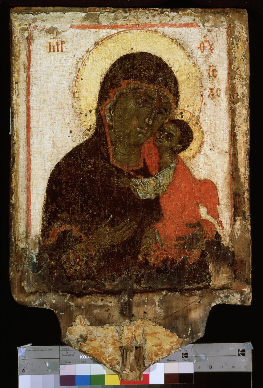 "" Nossa Senhora (Nossa Senhora) da Ternura"" ou ""Virgem Eleusa (Eleousa)"" ícone russo. Pintura sobre madeira de finais do século XIV início do século XV. Museu Estatal Russo São Petersburgo de School Russian