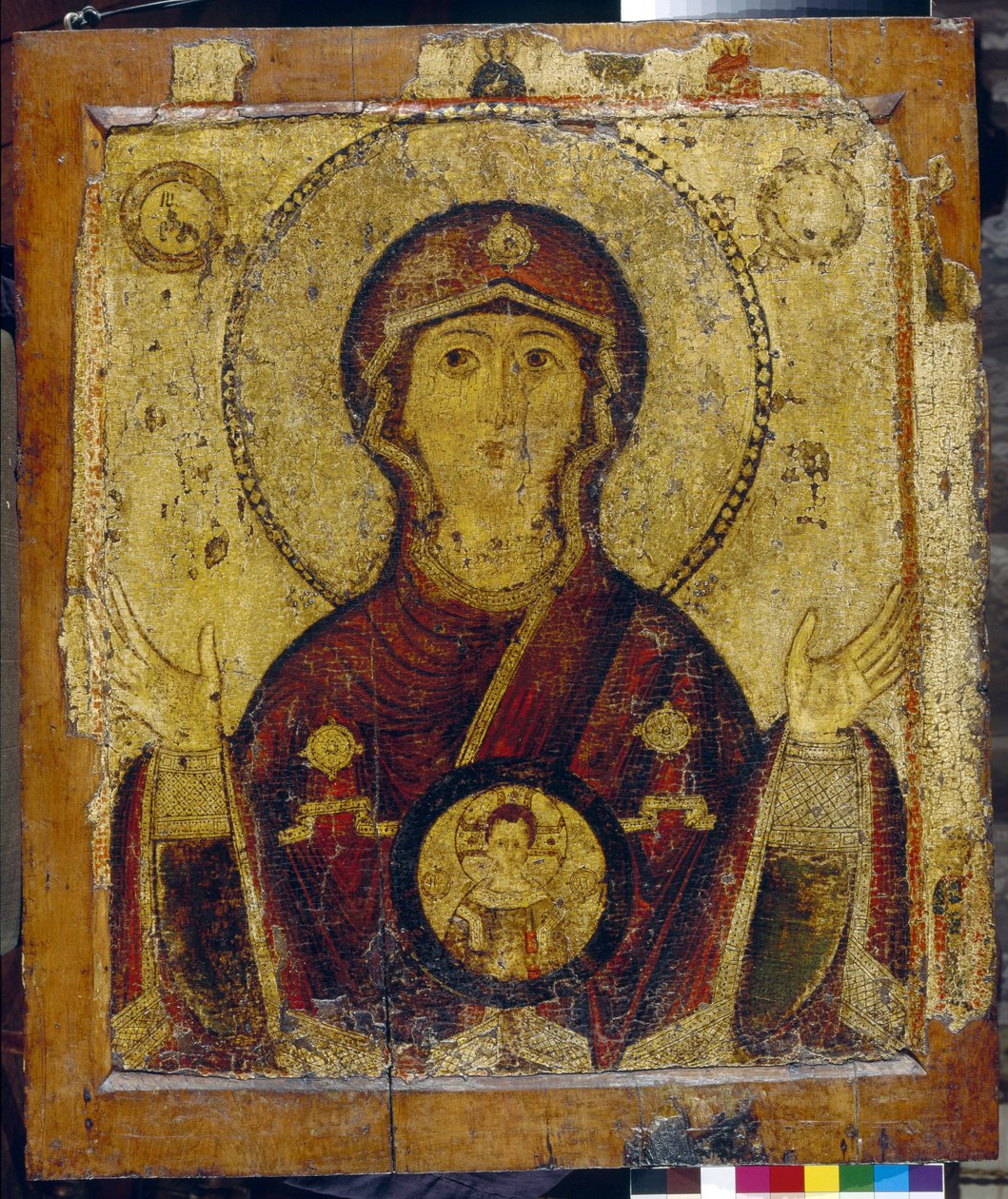 Notre Dame du Signe - Icone russe, tempera sur bois (73,4x64 cm), debut 13eme siecle - (Nossa Senhora do Signo, Tempera em painel, ícone russo, início do século XIII) - Galeria Estadual Tretyakov, Moscovo de School Russian