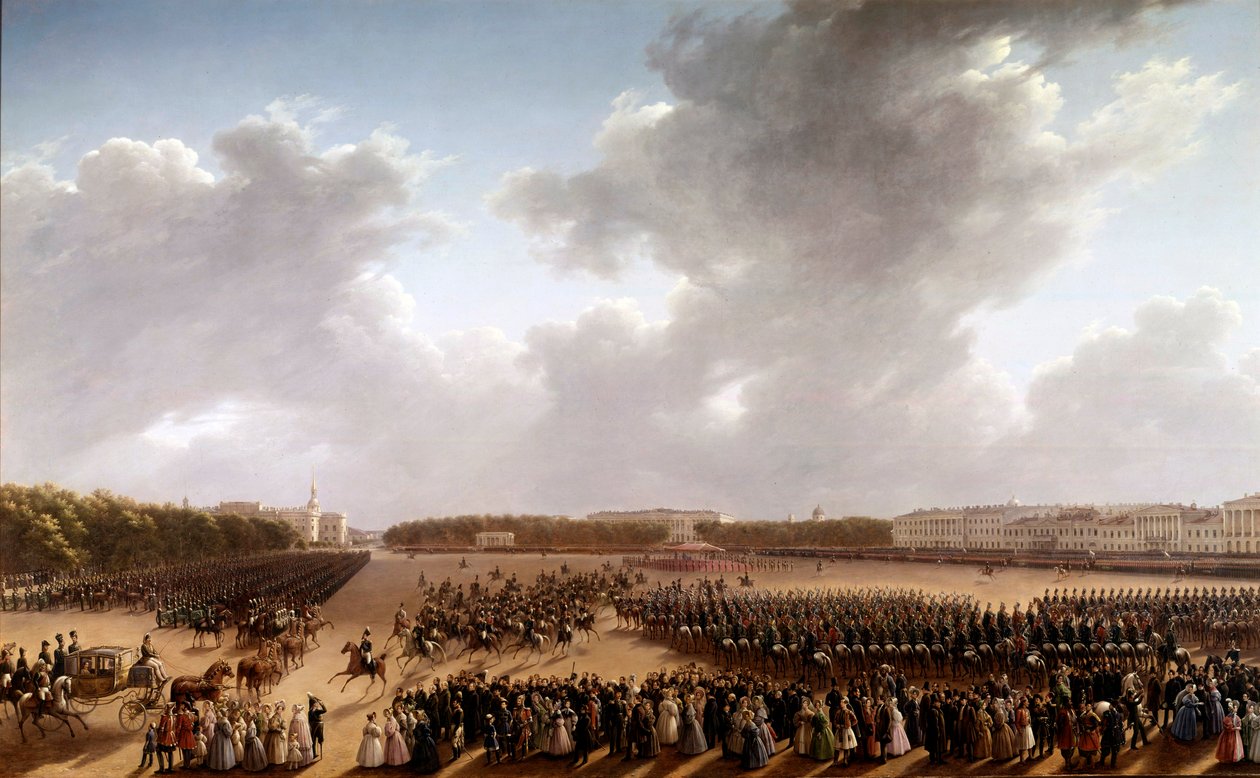 Desfile nos Champs de Mars, em primeiro plano Alexander Pushkin (Pushkin) (1799-1837) e Nicolas I (1796-1855) em um cavalo indo para a frente da imperatriz em uma carruagem em Paris Pintura da Escola Russa. 1825-1830. São Petersburgo, Museu de de School Russian
