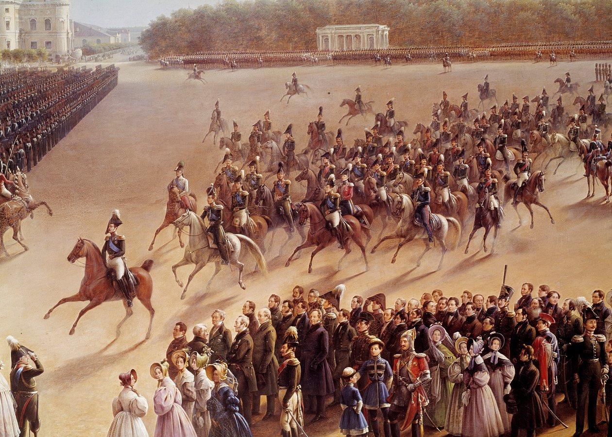 Desfile nos Champs de Mars, em primeiro plano Alexandre Pushkin (Pushkin) (1799-1837) e Nicolas I (1796-1855) em um cavalo indo para a frente da imperatriz em uma carruagem em Paris Detail. Pintura da Escola Russa. 1825-1830. São Petersburgo, M de School Russian