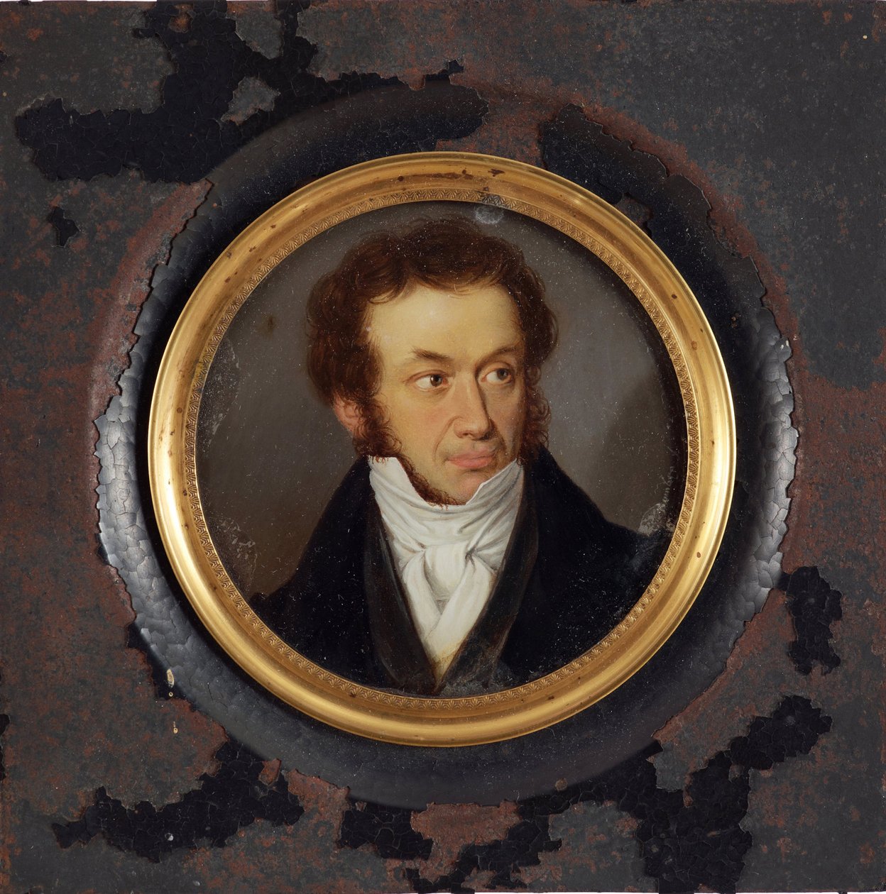 Retrato do escritor Alexander Pushkin (1799-1837) - Obra anônima, guache sobre pergaminho (8,5x9 cm), por volta de 1830 - Retrato do autor Alexander Pushkin, guache sobre pergaminho, anônimo de School Russian