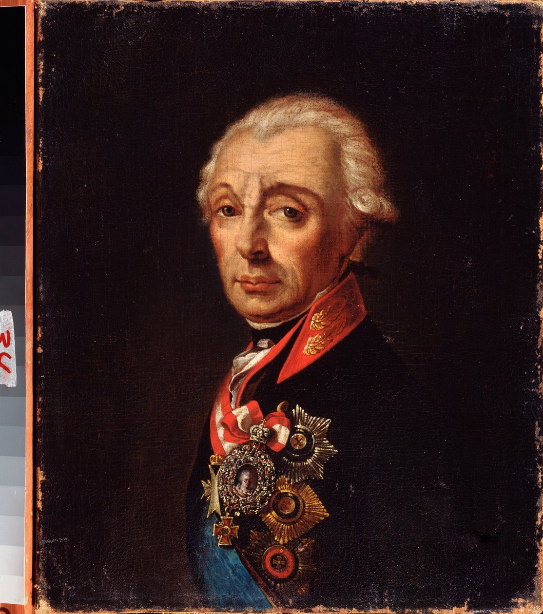 Um retrato do Marechal Generalissimo Príncipe Alexander Suvorov (1729-1800). Pintura por um mestre russo, óleo sobre tela, finais do século XVIII. Museu de Arte do Extremo Oriente, Khabarovsk (Rússia). de School Russian