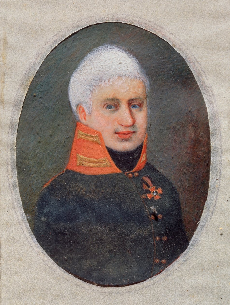 Retrato do poeta Anton A. Delvig (Delwig) (1798-1831). (em uniforme militar). Obra de um mestre russo, aquarela e guache sobre chifre, por volta de 1800. Arte russa do século XIX. Museu de Arte do Estado, Tula (Rússia). de School Russian