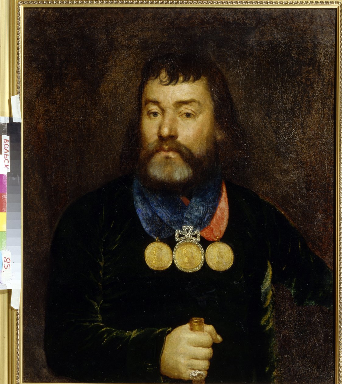 Retrato do poeta Constantin Zlobin (1777-1813). Orgulhosamente usando três medalhas de ouro e diamante no pescoço. Pintura anônima, óleo sobre tela, início do século XIX. arte russa de School Russian
