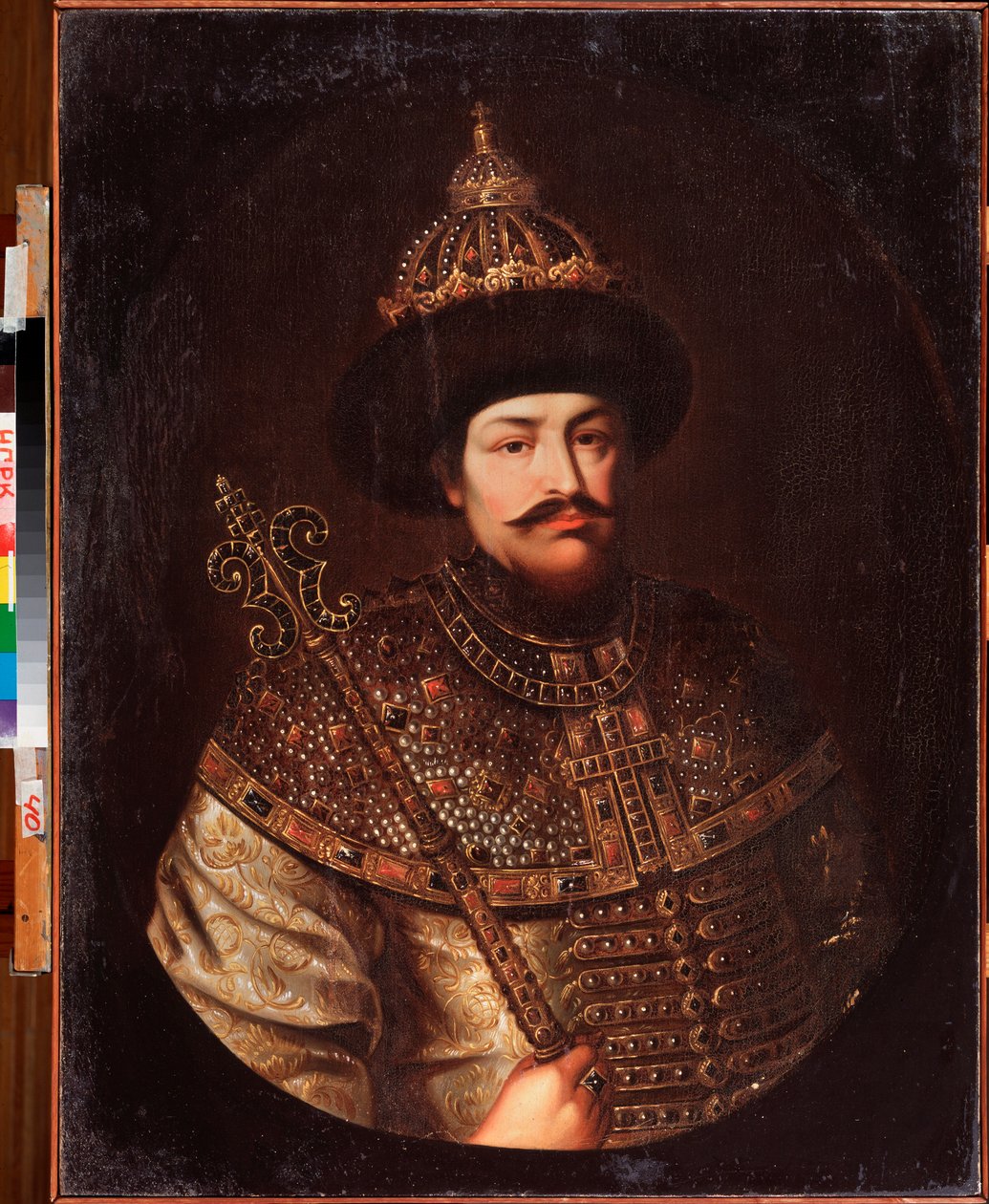 Retrato do czar Alexis I Mikhailovich da Rússia (1629-1676). Pintura de um mestre russo, óleo sobre tela, início do século XVIII. Galeria Nacional de Arte da República Komi, Syktyvkar (Rússia). de School Russian