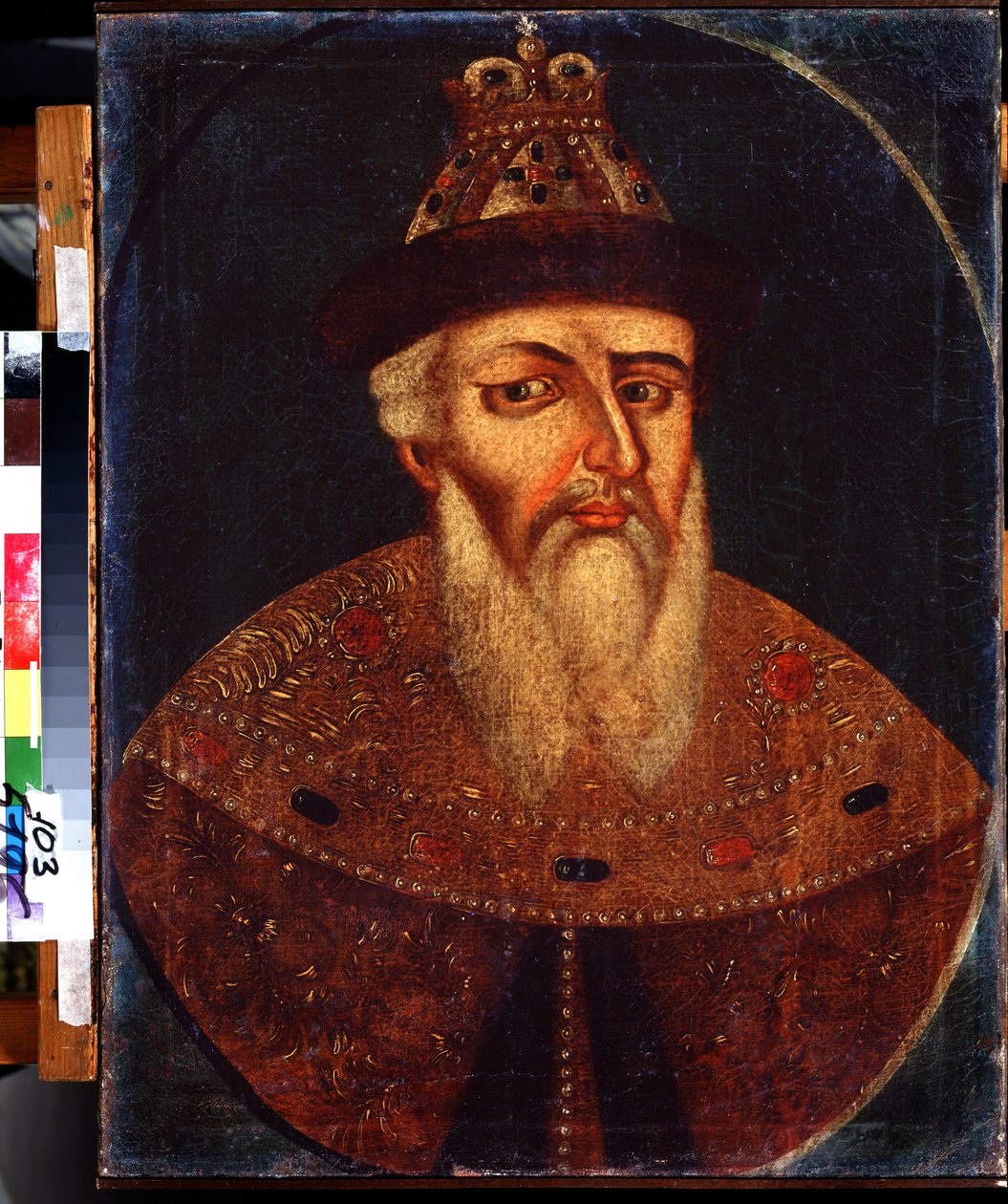Retrato do Czar Ivan IV, o Terrível (1530-1584) (Retrato do Czar Ivan IV, o Terrível). Pintura anônima, óleo sobre tela, 68 x 53 cm, início do século XVIII. Museu de Arte do Estado, Nizhny Tagil, Rússia. de School Russian