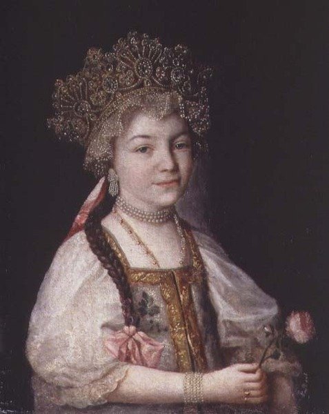 Retrato de Alexandra Pavlovna em Traje Nacional Russo, c.1790 (óleo sobre tela) de School Russian