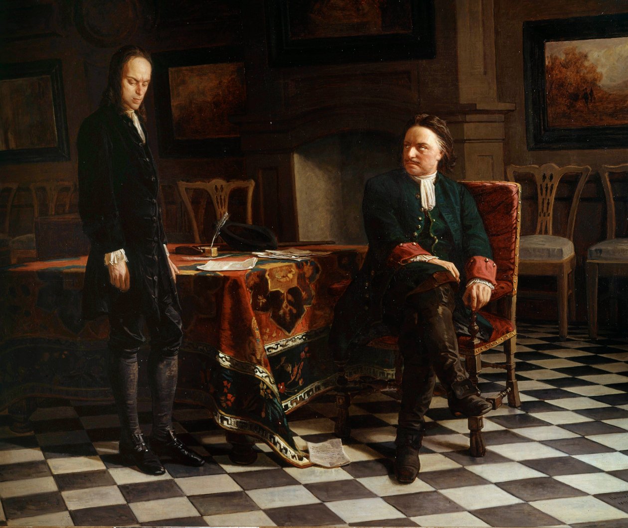 Retrato de Pedro I o Grande (1672-1725), czar russo e seu filho Alexis (1690-1718) Pintura da Escola Russa de School Russian