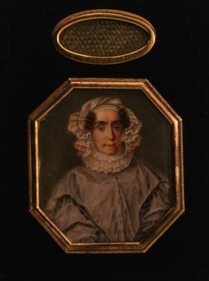 Retrato de Praskovya Mikhailovna Tolstaya (1777-1844), com uma madeixa de cabelo trançada, c.1844 (aquarela e guache) de School Russian