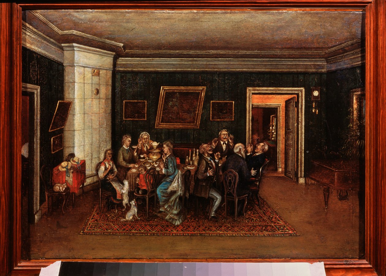 Recepção da noite (cena da vida quotidiana, família e amigos reunidos à volta da mesa de jantar). Pintura por um mestre russo, óleo sobre tela, meados do século XIX. Museu Literário Central do Estado, Moscovo. de School Russian